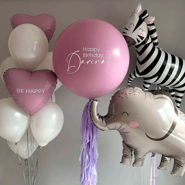 Композиция из воздушных шаров в стиле Сафари Слон и Зебра с розовым шаром и надписью на заказ - 300104