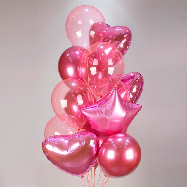 Облако воздушных шаров розовых оттенков "Сердца, звезды и кристаллы"