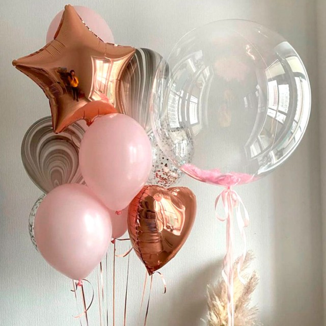Сет розовых шариков с медью, баблс и агатами для девушки - 300116