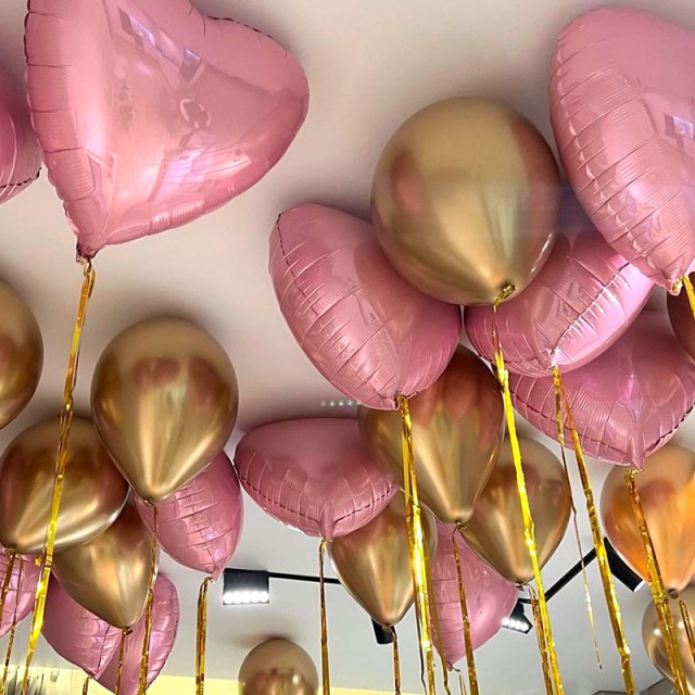 Шары под потолок розового и золотого цвета "Романтичное поздравление" 10 шт - 300100