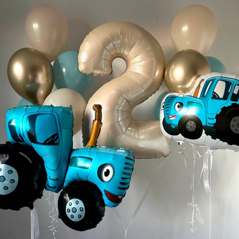 Воздушные шарики голубого и бежевого цвета на 2 года "Синий трактор" - 1