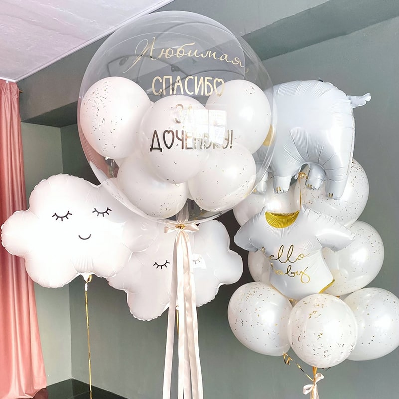 Композиция из воздушных шаров на выписку из роддома "Слон в облаках" - 7013
