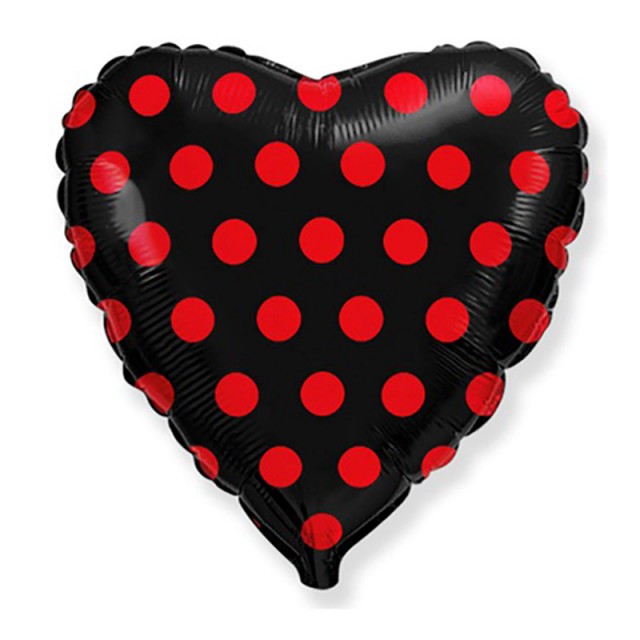 Фольгированный шар сердце черного цвета в красный горох