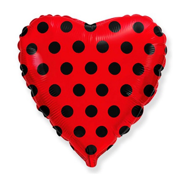 Фольгированный шар сердце красного цвета в черный горох - 1202-3089