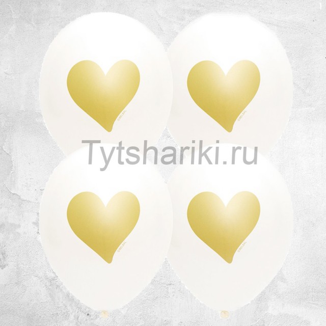 Гелиевые шарики белого цвета с золотыми сердцами