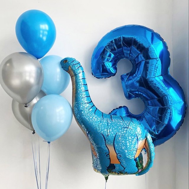 Надувные шары с динозаврами на 3 годика синего цвета