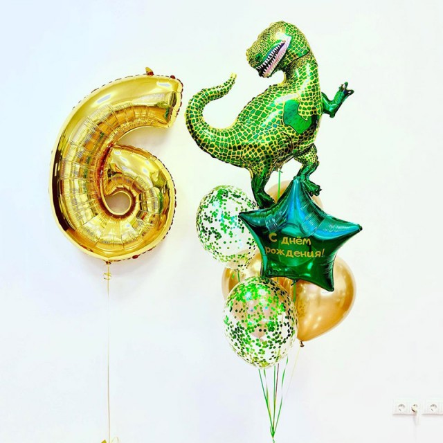 Сет шаров с динозавром на 6 лет в золотом и зеленом цвете
