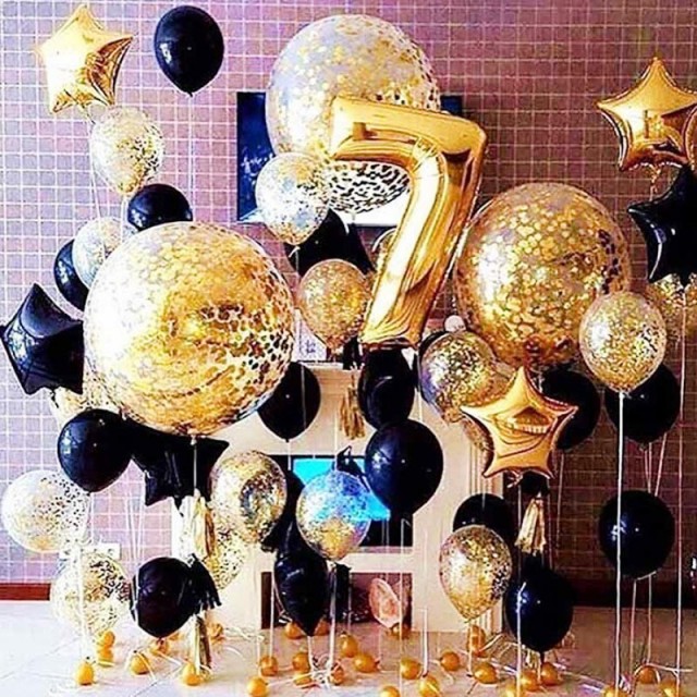Украшение детского дня рождения шарами черно-золотого цвета