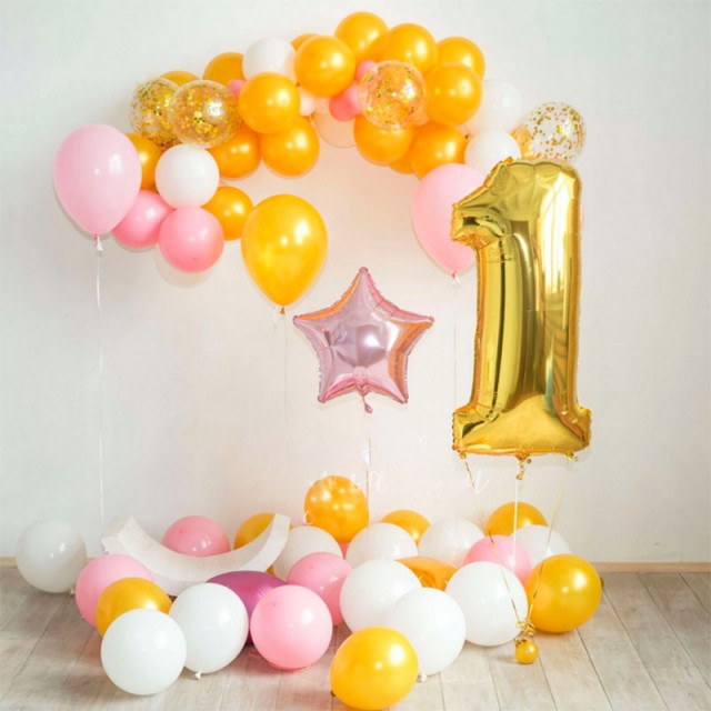 Украшение шарами на день рождения девочке в розовом и золотом цвете - 39-0002