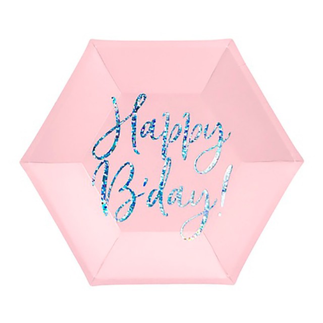 Бумажные тарелки фигурные розового цвета "С днем рождения" 6 шт 20 см
