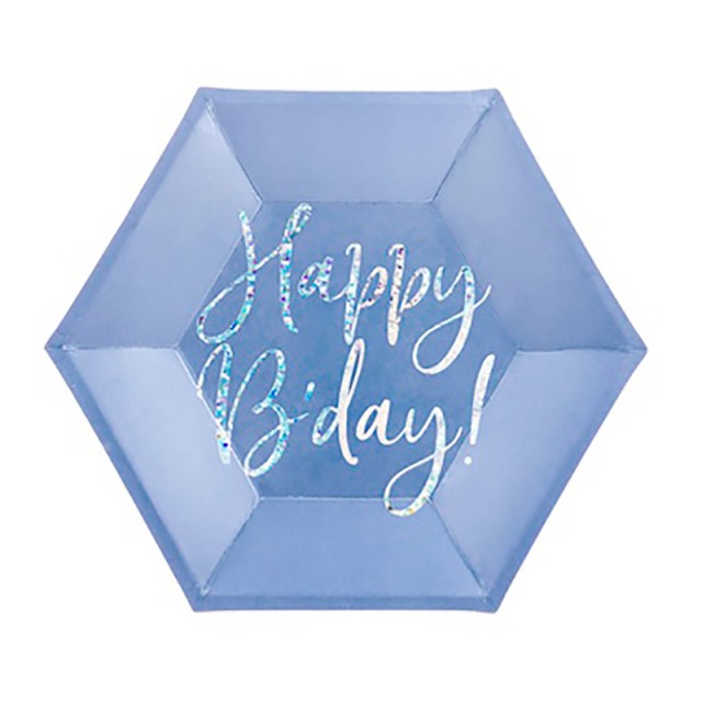 Бумажные тарелки фигурные синего цвета "С днем рождения" 6 шт 20 см