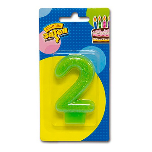 Свеча для торта, цифра "2" блестящая зеленая