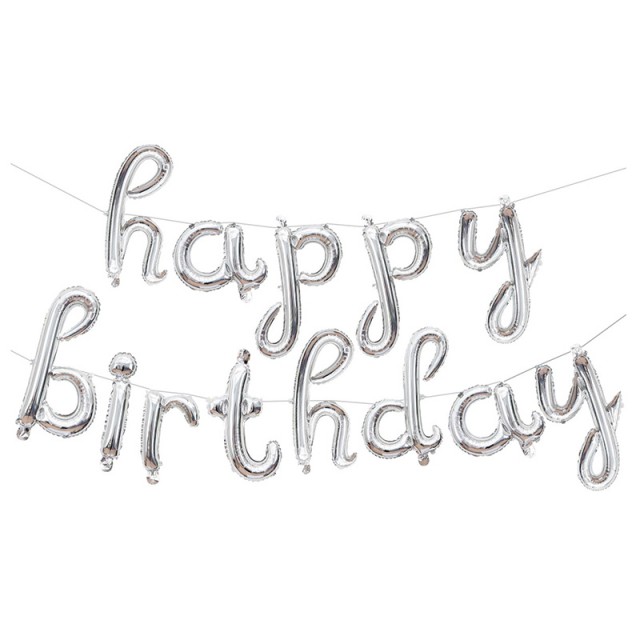 Фольгированная надпись "Happy Birthday" серебряного цвета длиной 250 см - 4008-0008