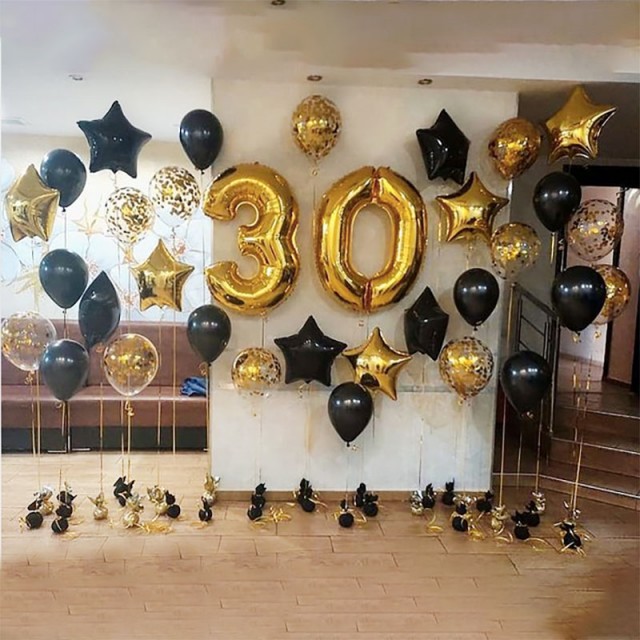 Шарики с конфетти золотого цвета на день рождения 30 лет - 4003-0011