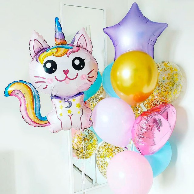 Набор шаров разноцветных воздушных "Волшебный котенок-единорог"