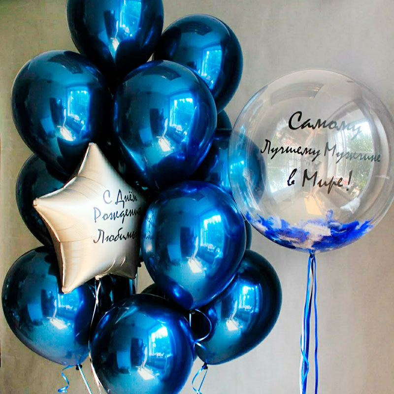 Шар баблс с перьями и шарами хром синего цвета