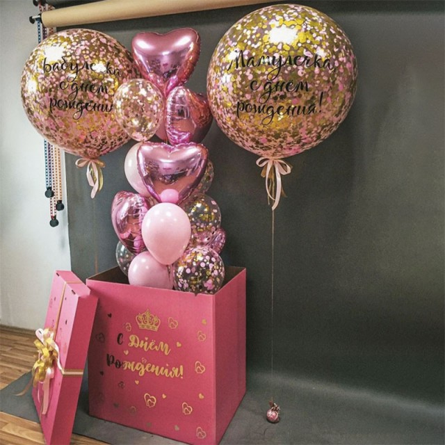 Коробка с шарами для мамы розового цвета с конфетти - 3009