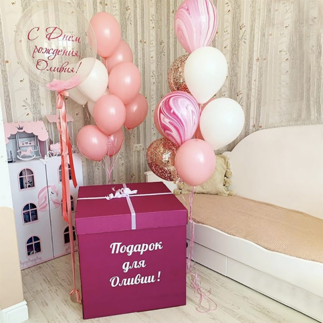 Розовая коробка сюрприз с шарами агат и баблс - 3039